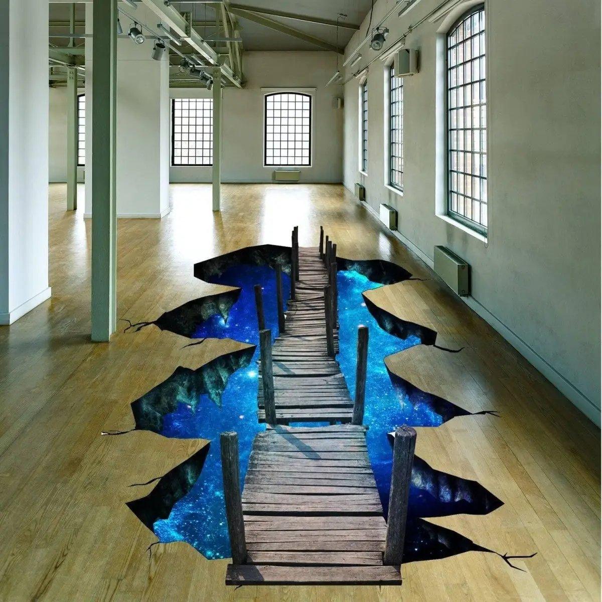 3D Space Bridge Floor Decal in a modern room, featuring a galactic blue background with a wooden bridge design.