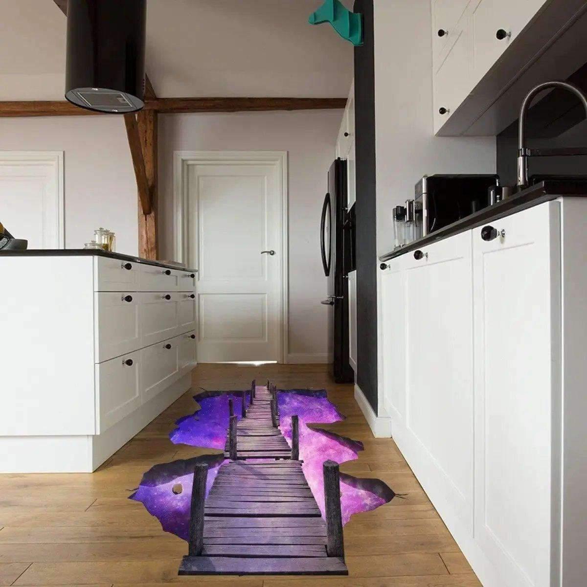 3D Galactic Bridge Floor Sticker in modern kitchen, colorful vinyl decal transforming space with vivid details.
