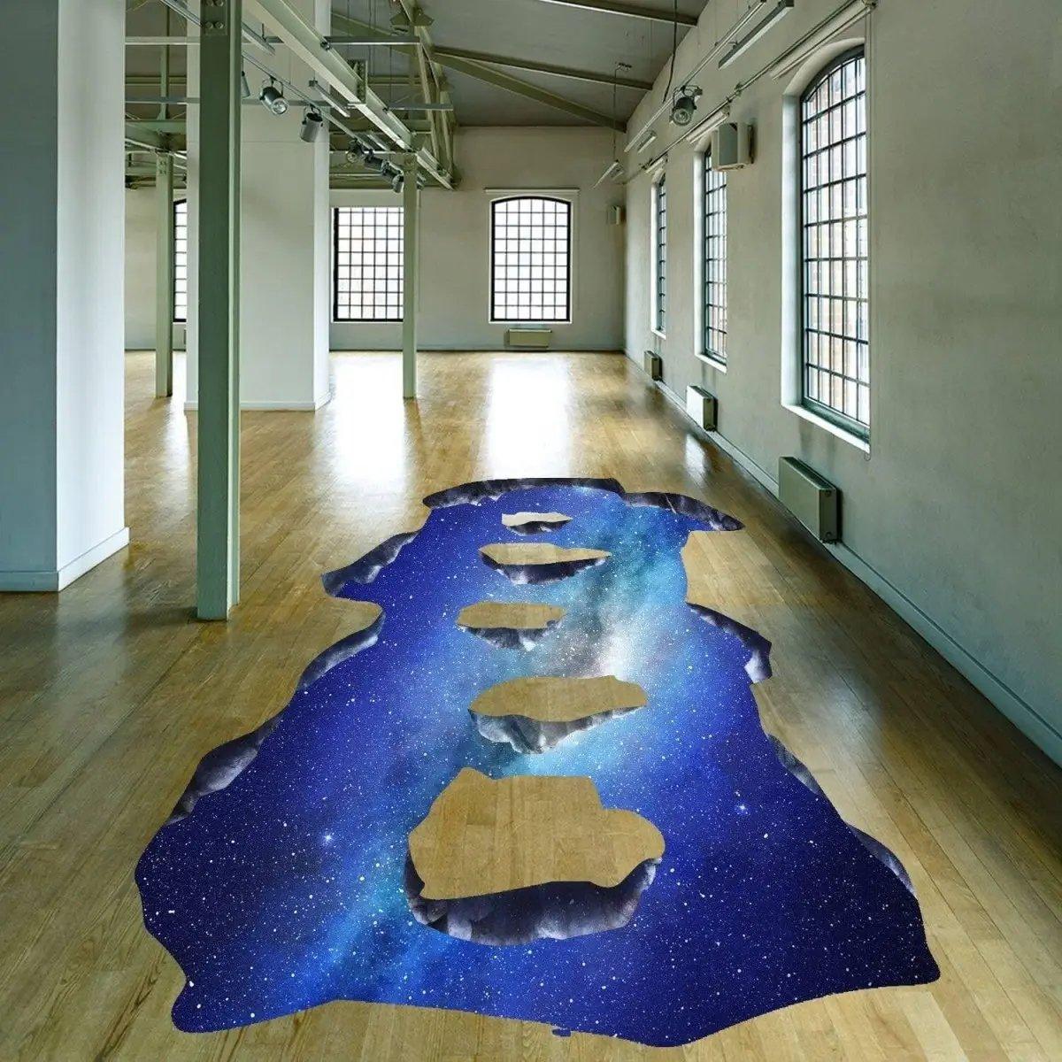 Galactic Skyway Floor Decal in an empty room, showcasing a mesmerizing 3D galaxy design on the floor.