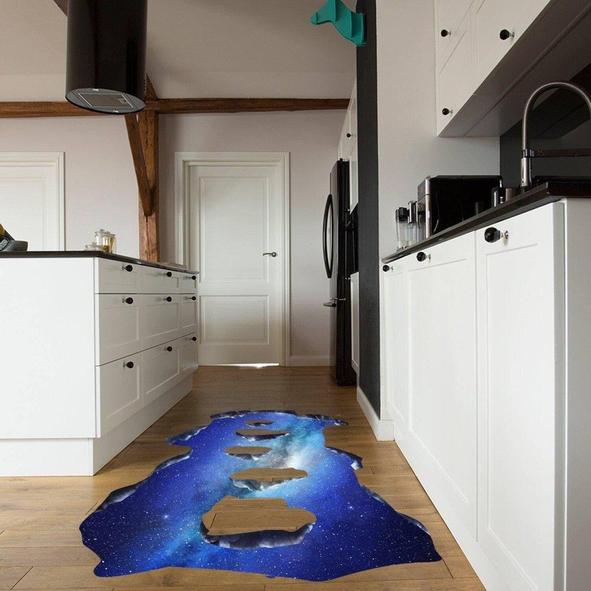 Galactic Skyway Floor Decal in a modern kitchen, creating a 3D cosmic effect beneath your feet.