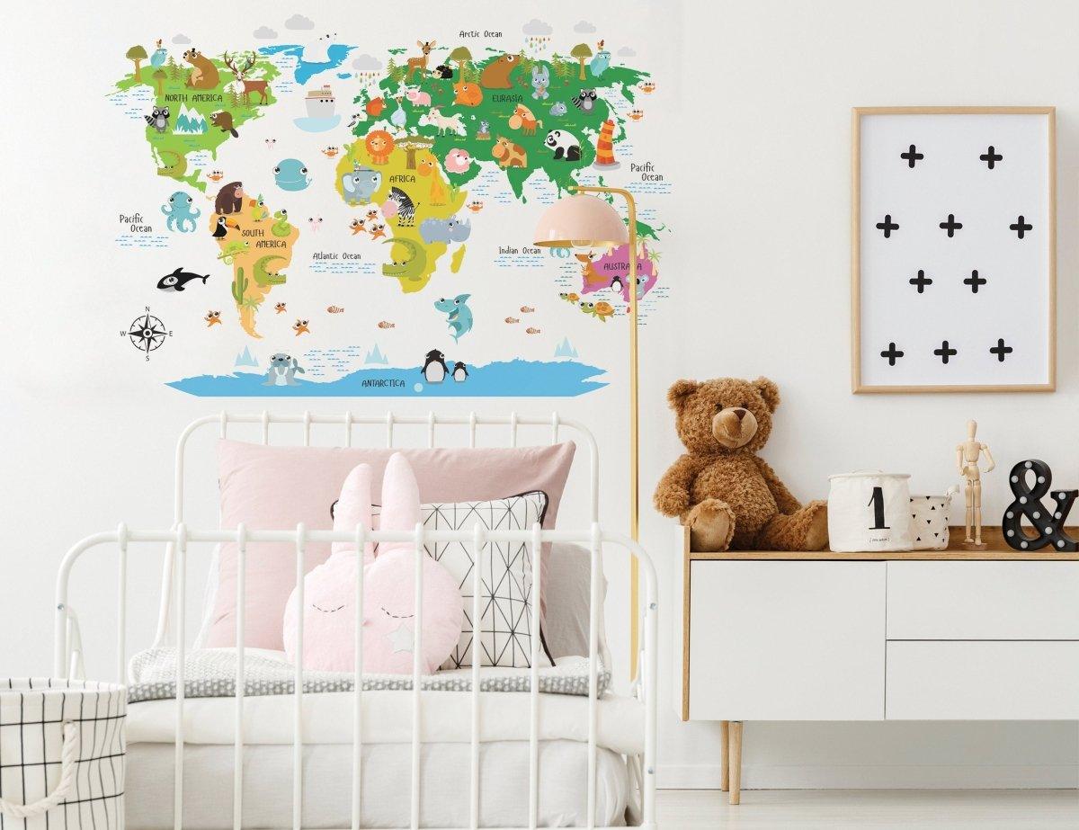 Colorful world map vinyl sticker for kids' room, featuring animals and geography, perfect for travel-themed decor.