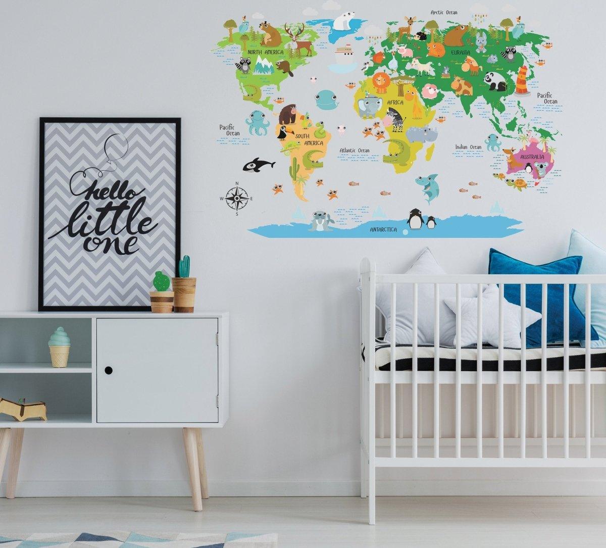 Colorful World Map Vinyl Sticker on nursery wall with animal illustrations, perfect for kids' learning and decor.