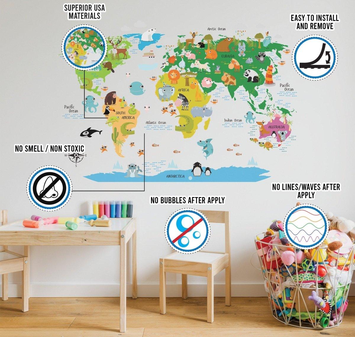 Colorful World Map Vinyl Sticker on nursery wall, illustrating geography with animals, ideal for kids' decor.