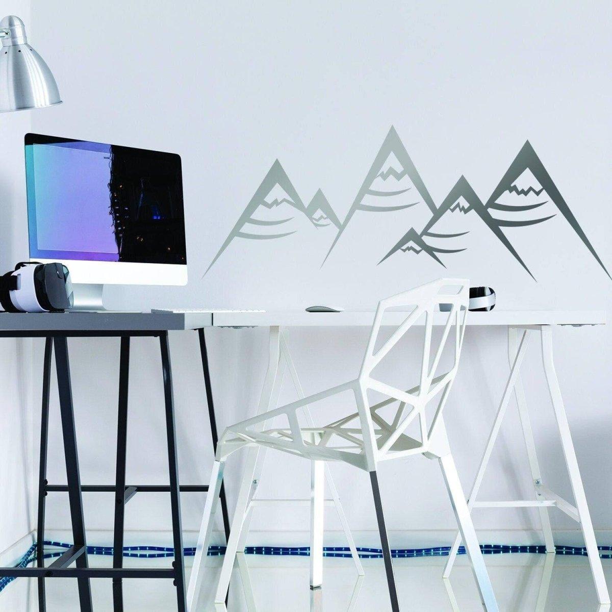 Stylish office with Boho Mountain Wall Decal, sleek desk, and modern decor for a trendy interior.
