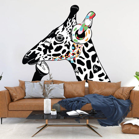 Unique DJ giraffe vinyl decal design in a modern living room, adding color and creativity to wall art.