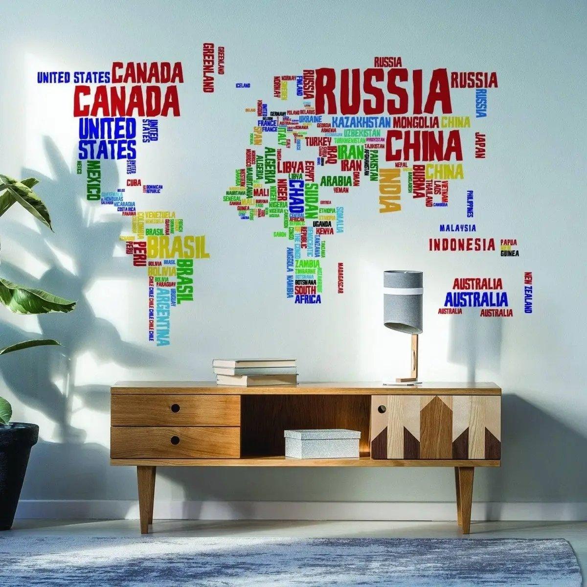Colorful world map vinyl wall decal featuring country names, perfect for home decor and educational spaces.