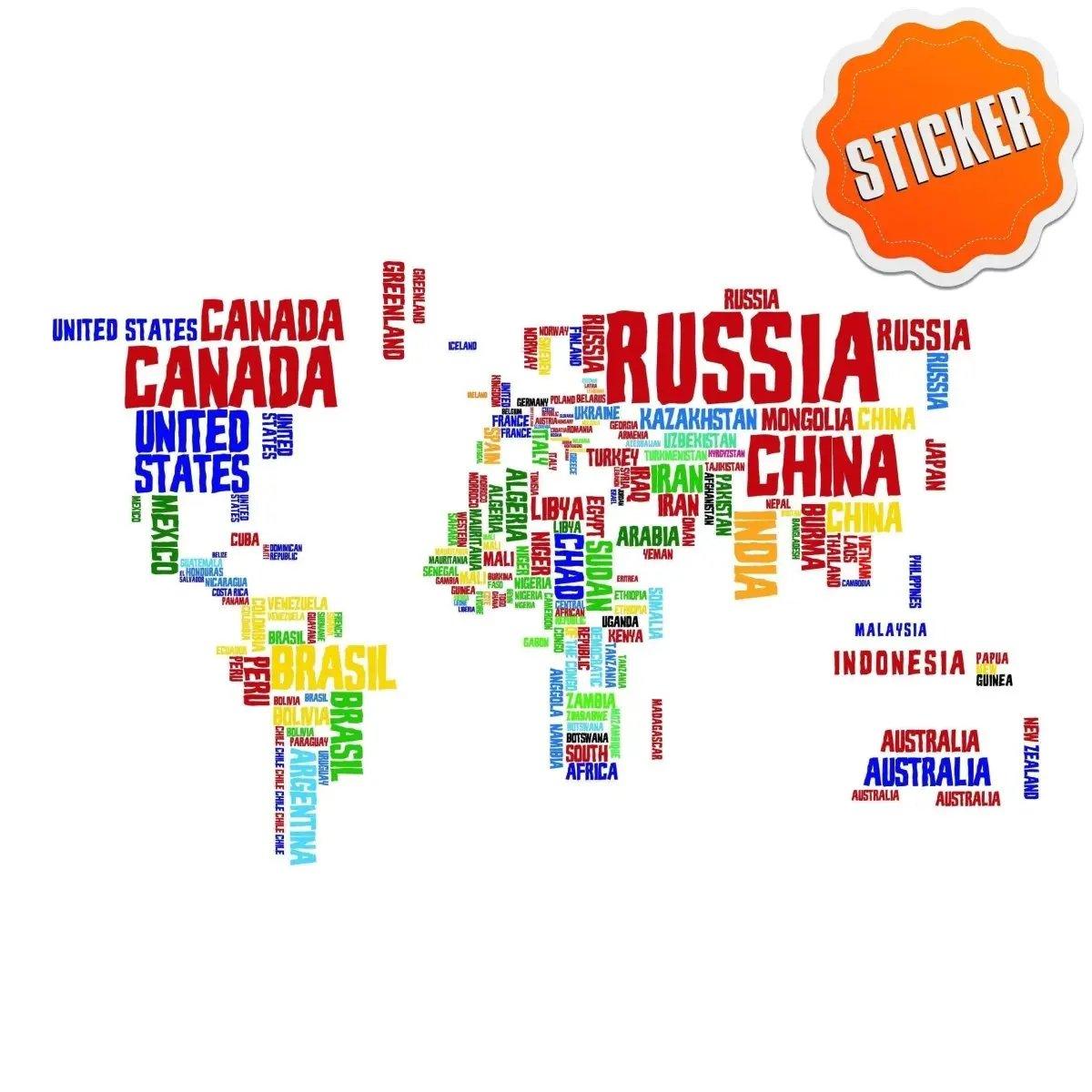 Colorful World Map Vinyl Sticker featuring country names, perfect for home decor or educational use.