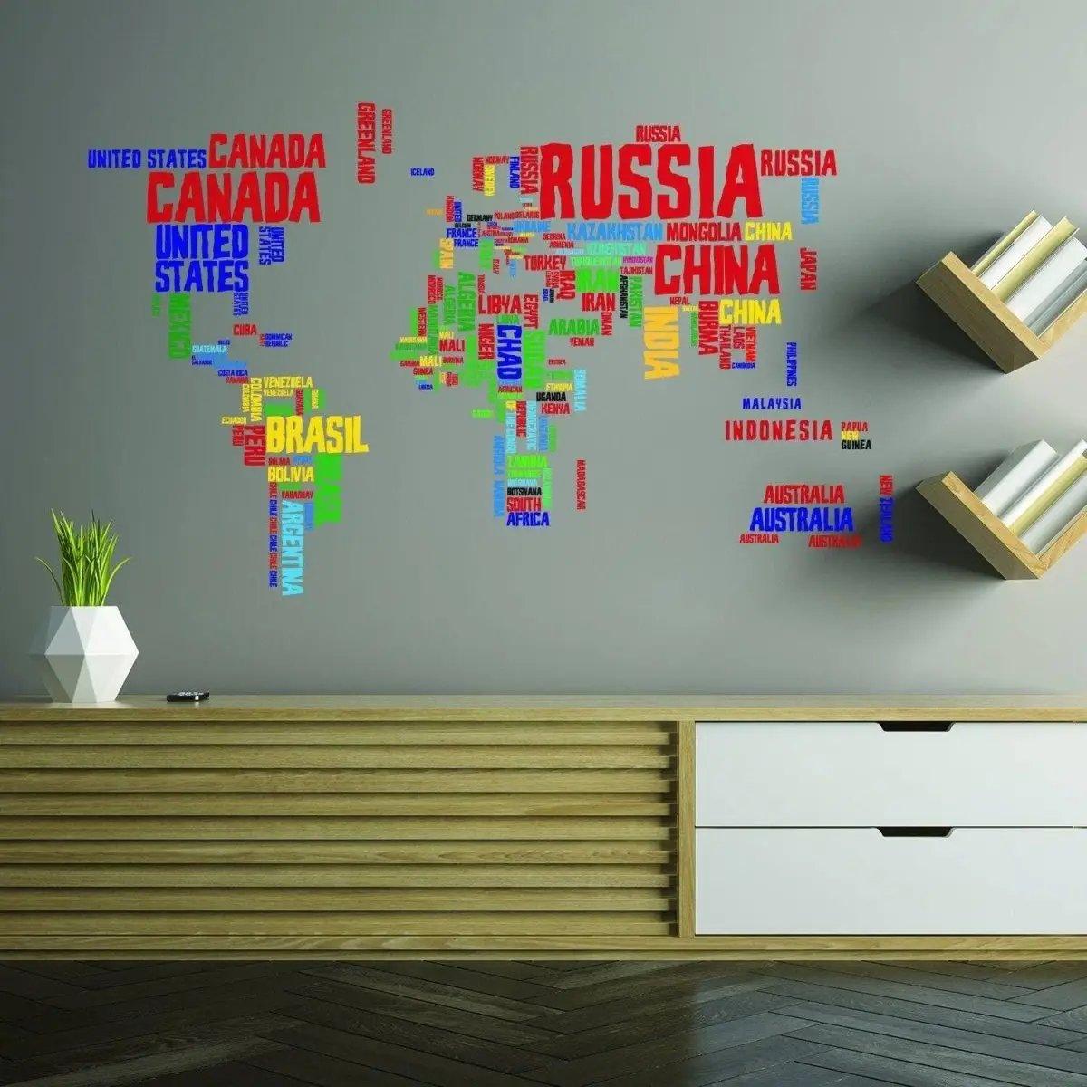 Colorful vinyl wall decal of a world map with country names, perfect for interior decor.