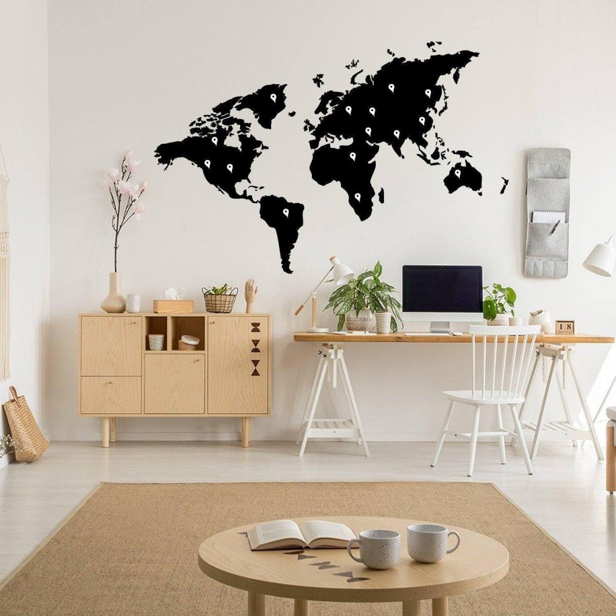 World map vinyl sticker wall decal in stylish home office decor for travel lovers.