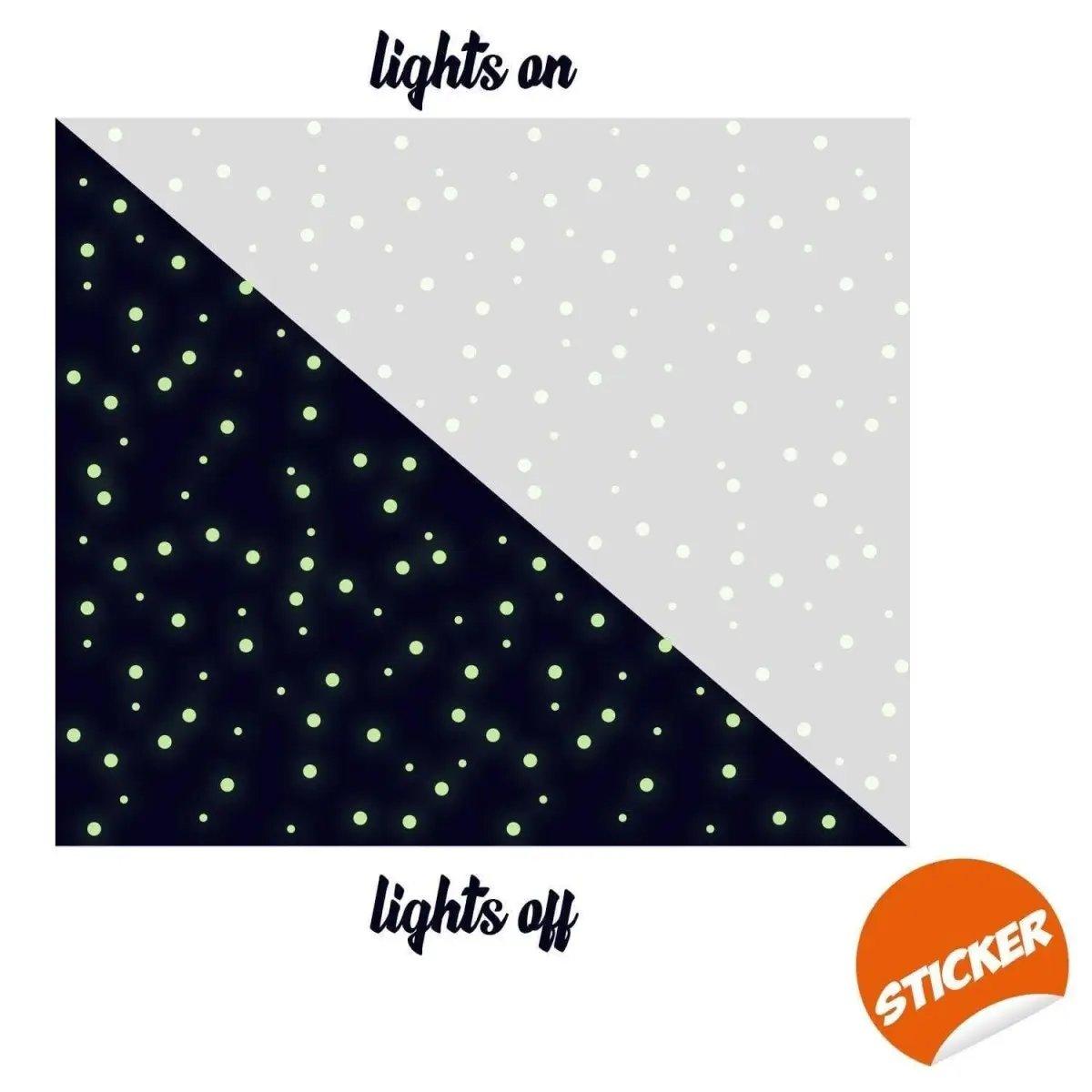 Luminous cosmic circle wall decals displayed with lights on and off, showcasing glow-in-the-dark starry effect.