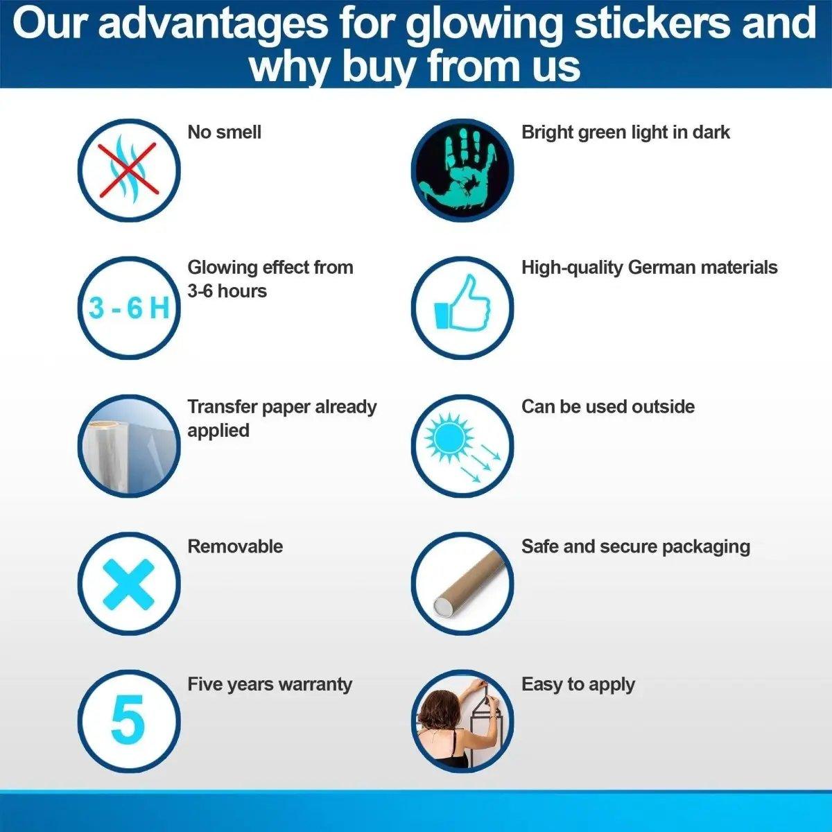 Advantages of glow-in-the-dark stickers: no smell, bright green light, durable materials, removable, easy to apply.