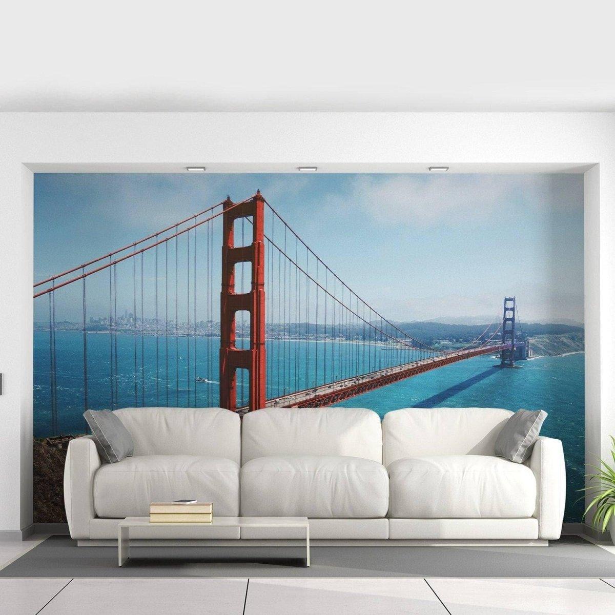 Golden Gate Bridge wall decal in bright living room, showcasing San Francisco skyline and ocean view.