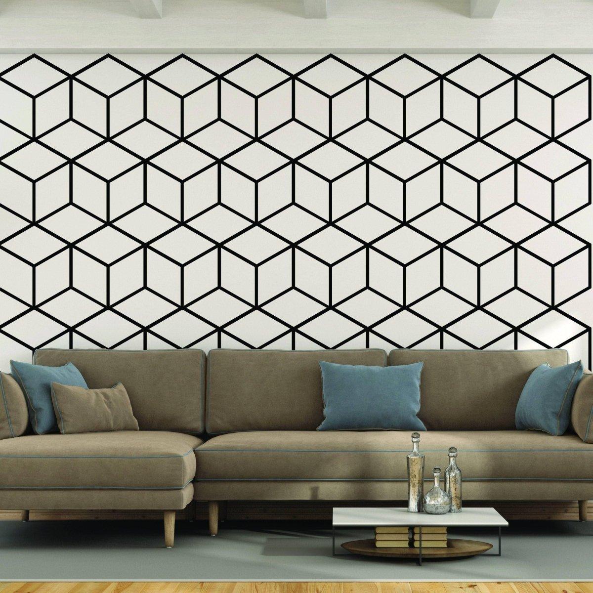 Geometric hexagonal honeycomb wall decal in black on a modern living room wall with a stylish sofa.