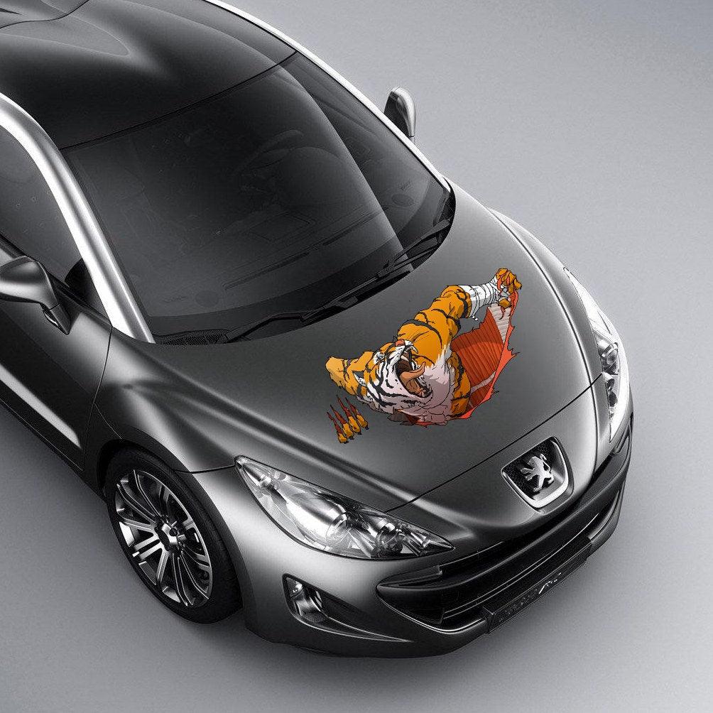 Custom car hood vinyl sticker featuring a fierce tiger design on a gray car for a unique vehicle wrap.