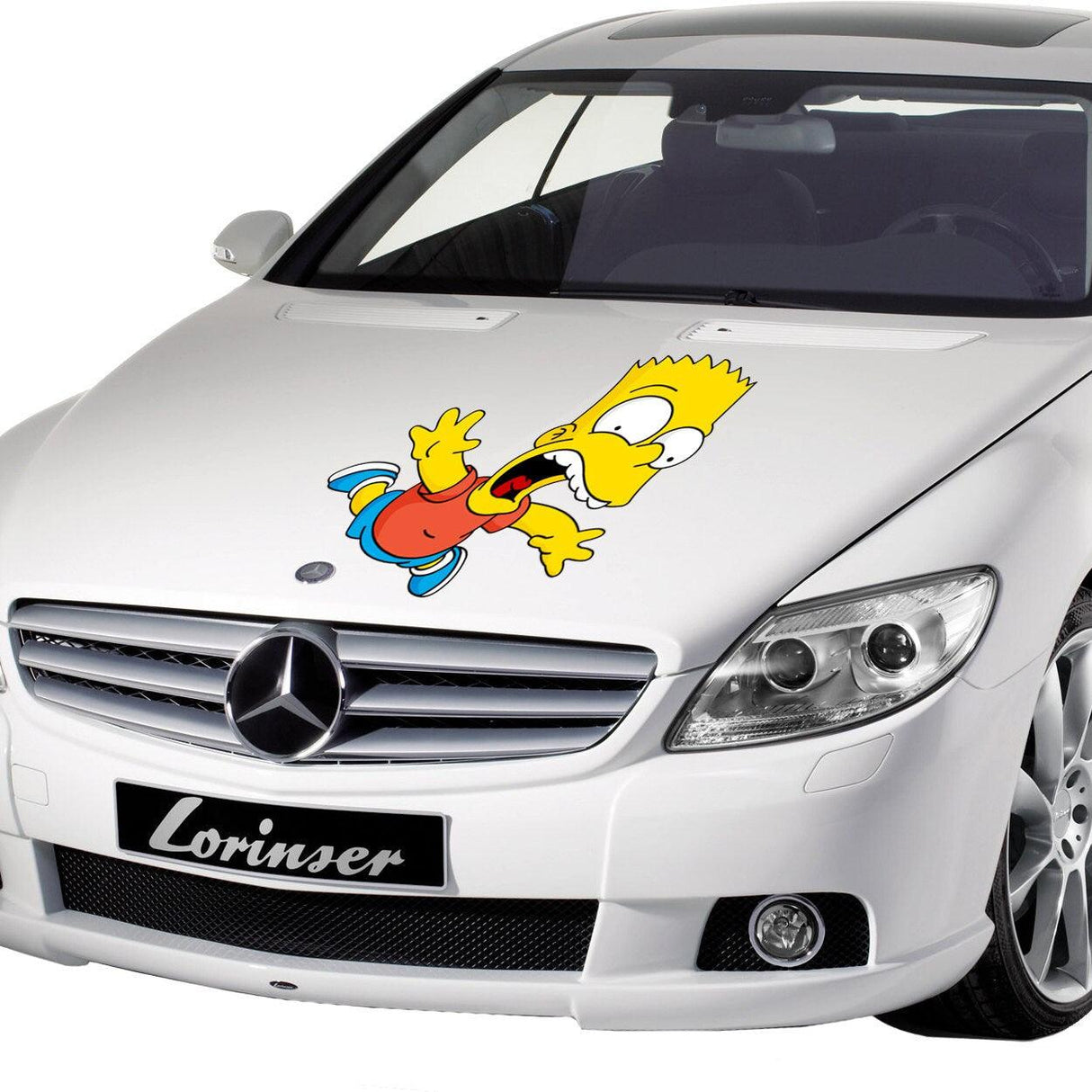 Custom car hood decal featuring a playful cartoon character on a white luxury vehicle.