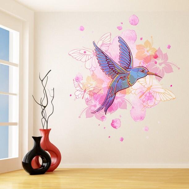 Colorful hummingbird wall vinyl sticker with pink flowers and butterflies, adding charm to home decor.