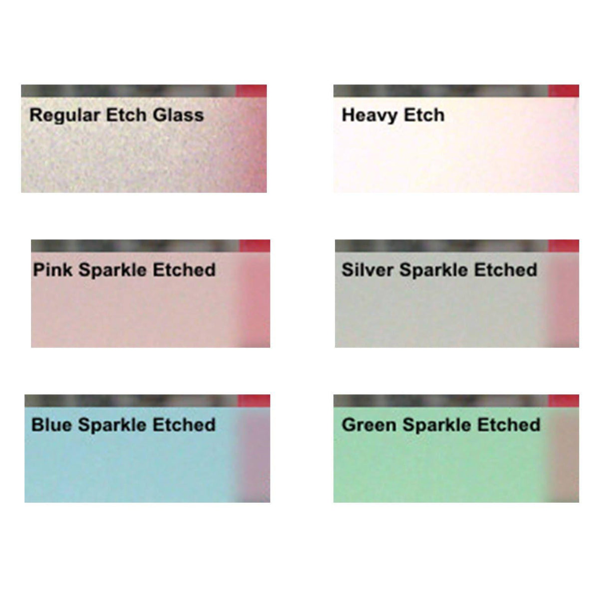 Variety of etched glass samples including Regular, Heavy, Pink, Silver, Blue, and Green Sparkle designs.