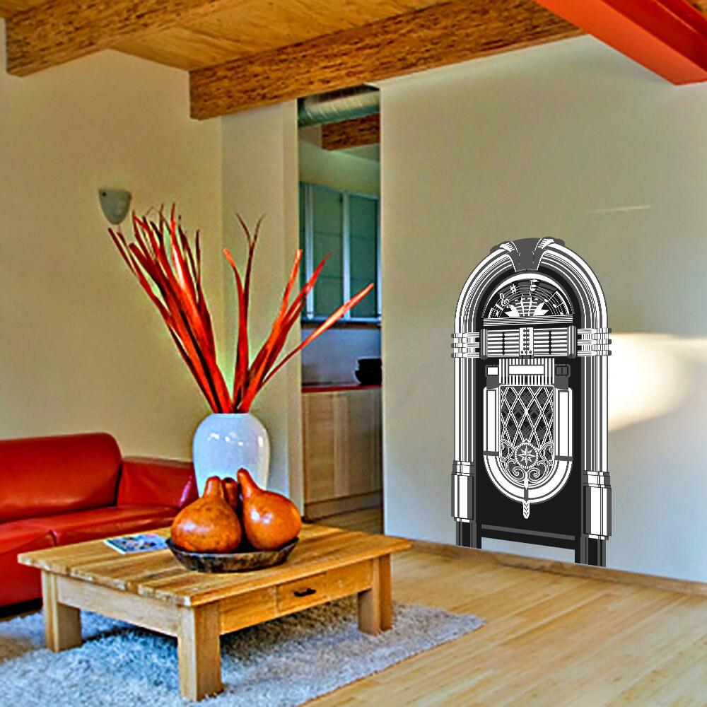 Vintage jukebox wall print sticker decor in a modern living room setting, enhancing musical ambiance.