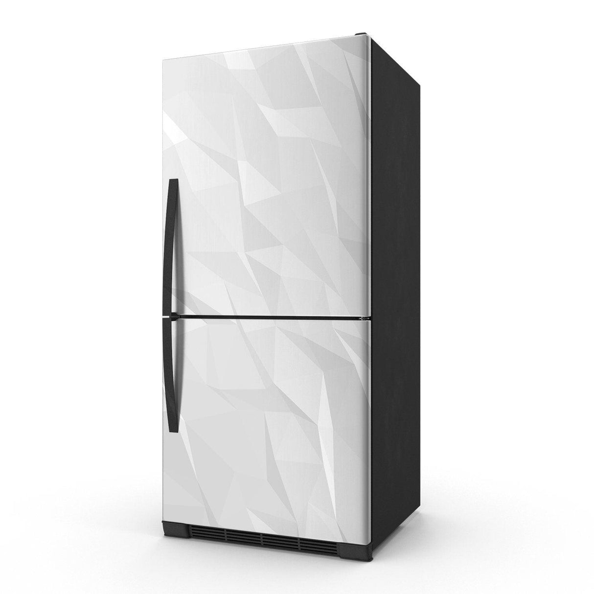 Fridge Door Wrap Vinyl Sticker on modern refrigerator with geometric white design, ideal for home decor.