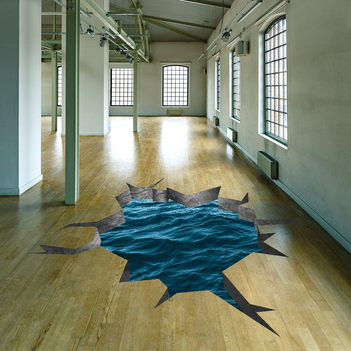 3D effect blue sea wall sticker depicting a porthole view of ocean waves on a wooden floor in an indoor space.