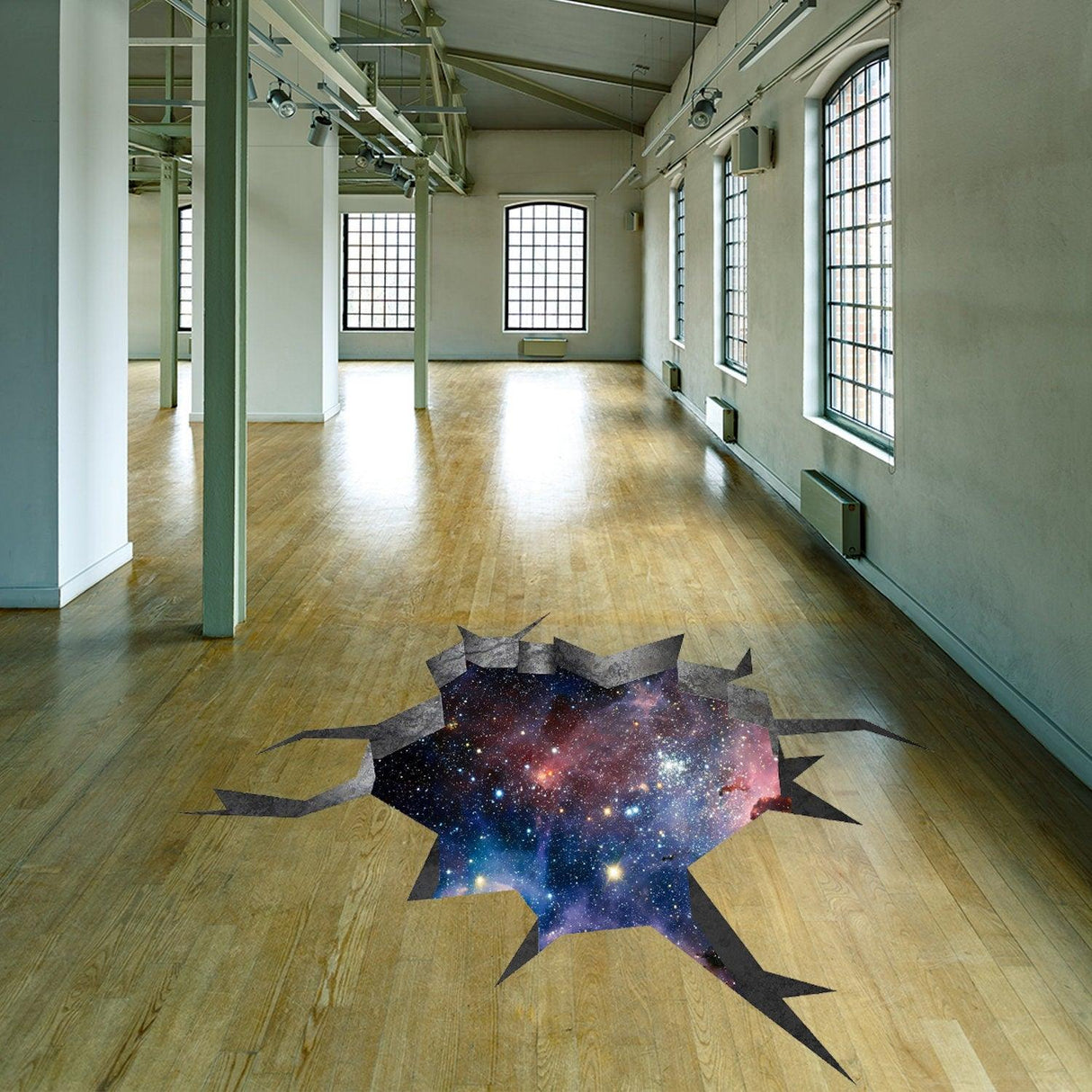3D effect deep space wall sticker on wooden floor, creating a stunning galaxy tunnel view in a bright room.