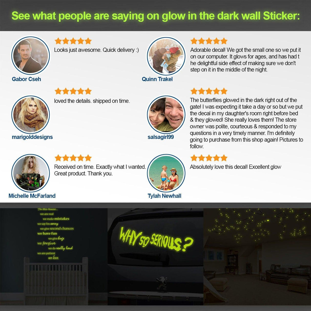 Customer reviews of Glow In Dark Wall Sticker showcasing satisfaction and glowing feedback on design and delivery.