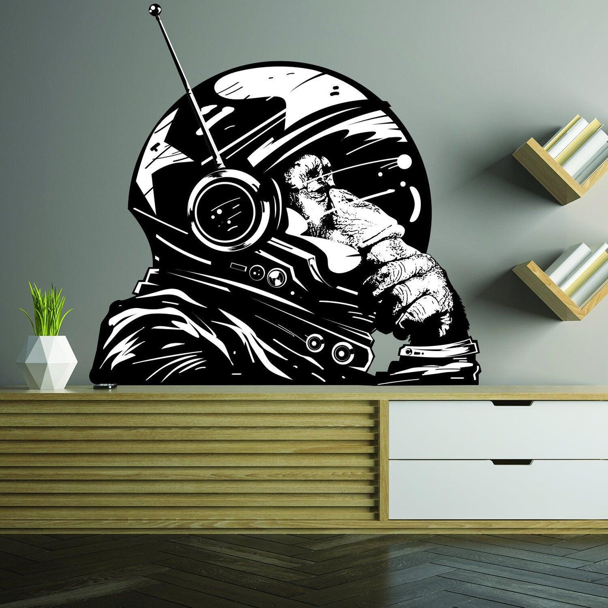 Thinking astronaut monkey wall sticker, featuring a chimp deep in thought, perfect for creative room decor.