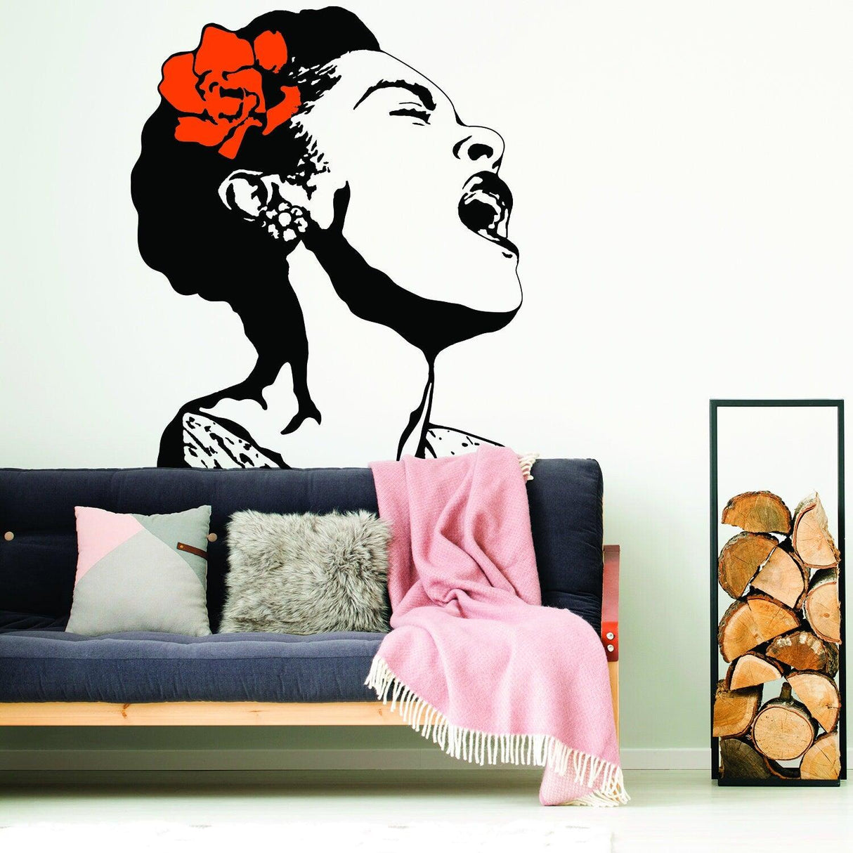 Life Is Beautiful Banksy-inspired decal of a singing woman with a red flower, showcased in a cozy living room setting.