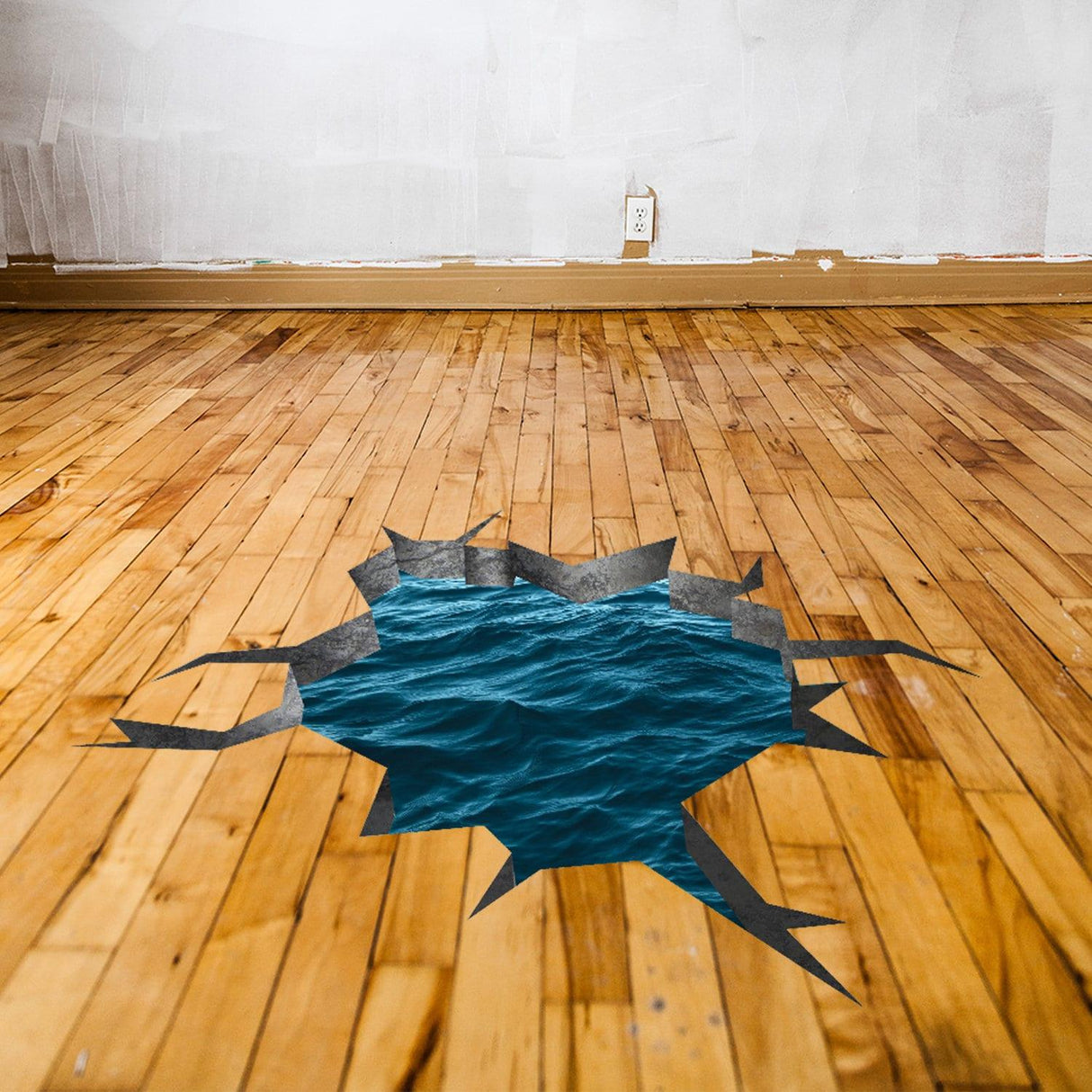 3D effect blue sea floor sticker creating porthole view on wooden floor, enhancing room decor with ocean theme.