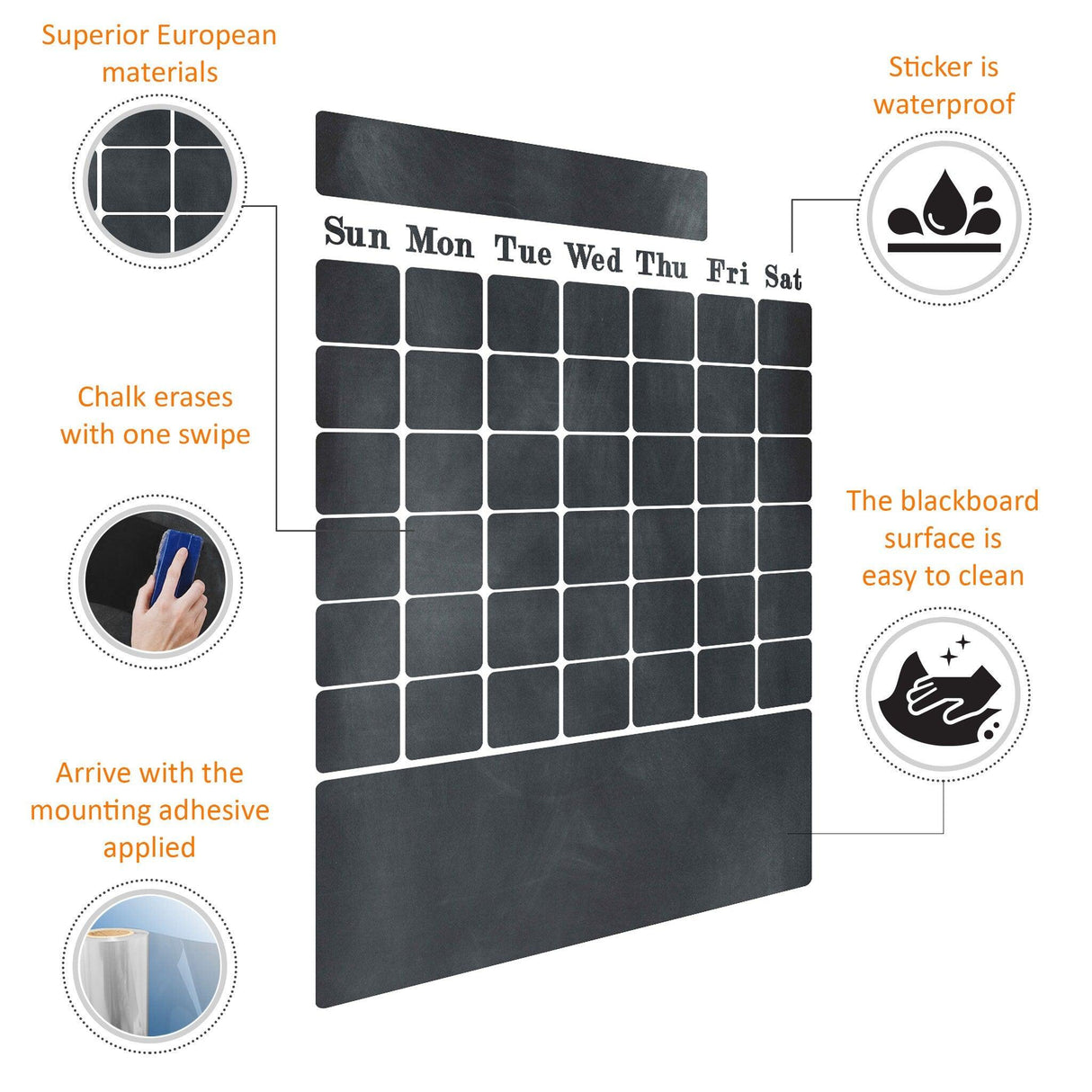 Chalkboard wall sticker features waterproof design, easy-to-clean surface, and quick-chalk erase for organized weekly planning.
