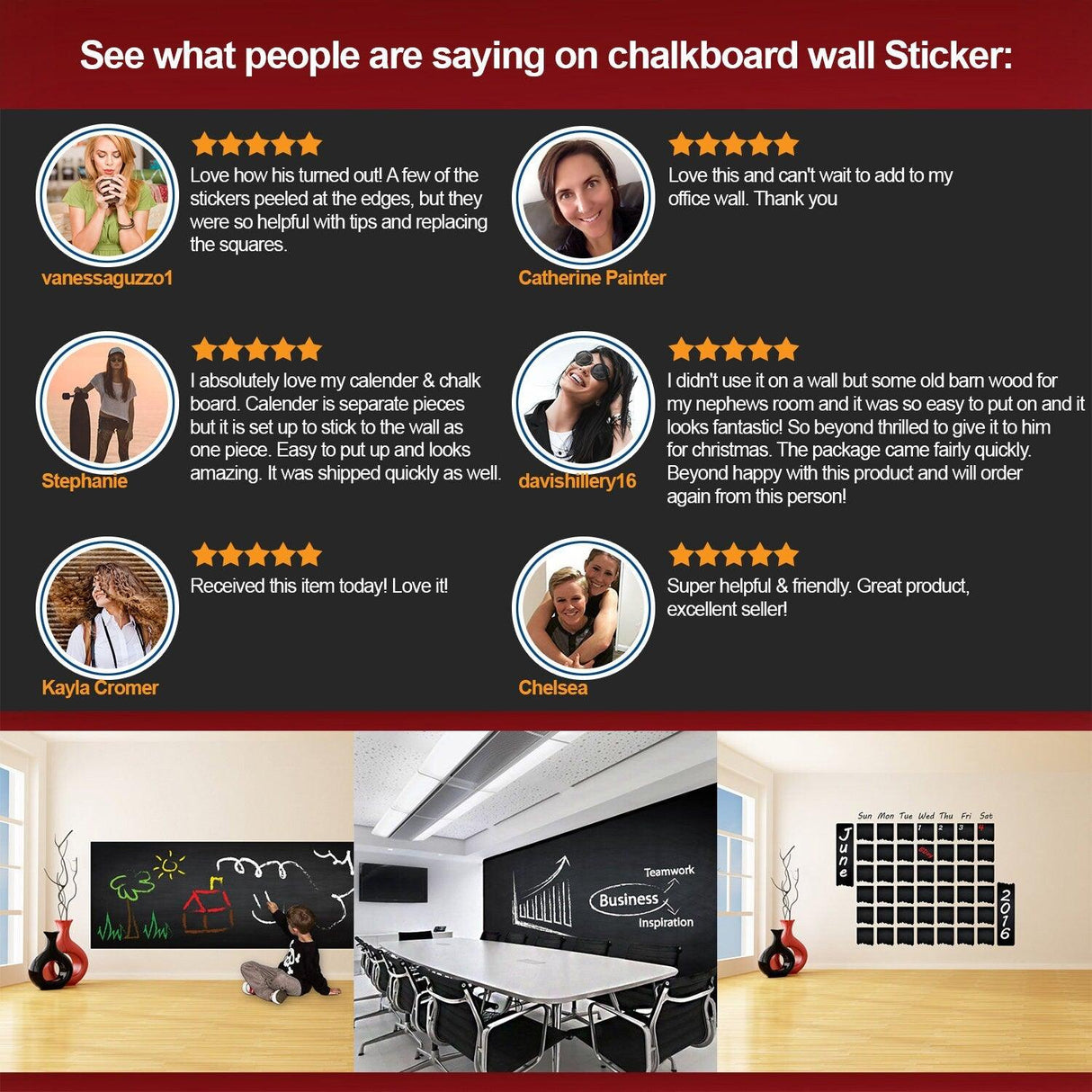 Customer reviews and feedback on Chalkboard Wall DIY Black Kitchen Sticker showcasing its versatile applications.