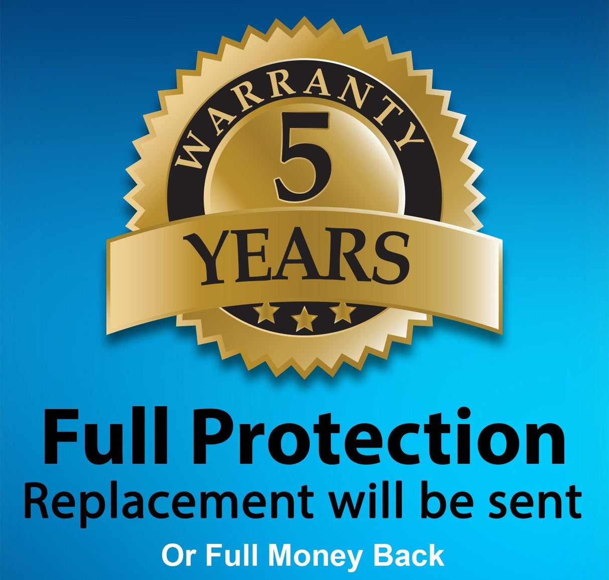 5-year warranty badge with text 'Full Protection, Replacement will be sent, Or Full Money Back' on blue background.