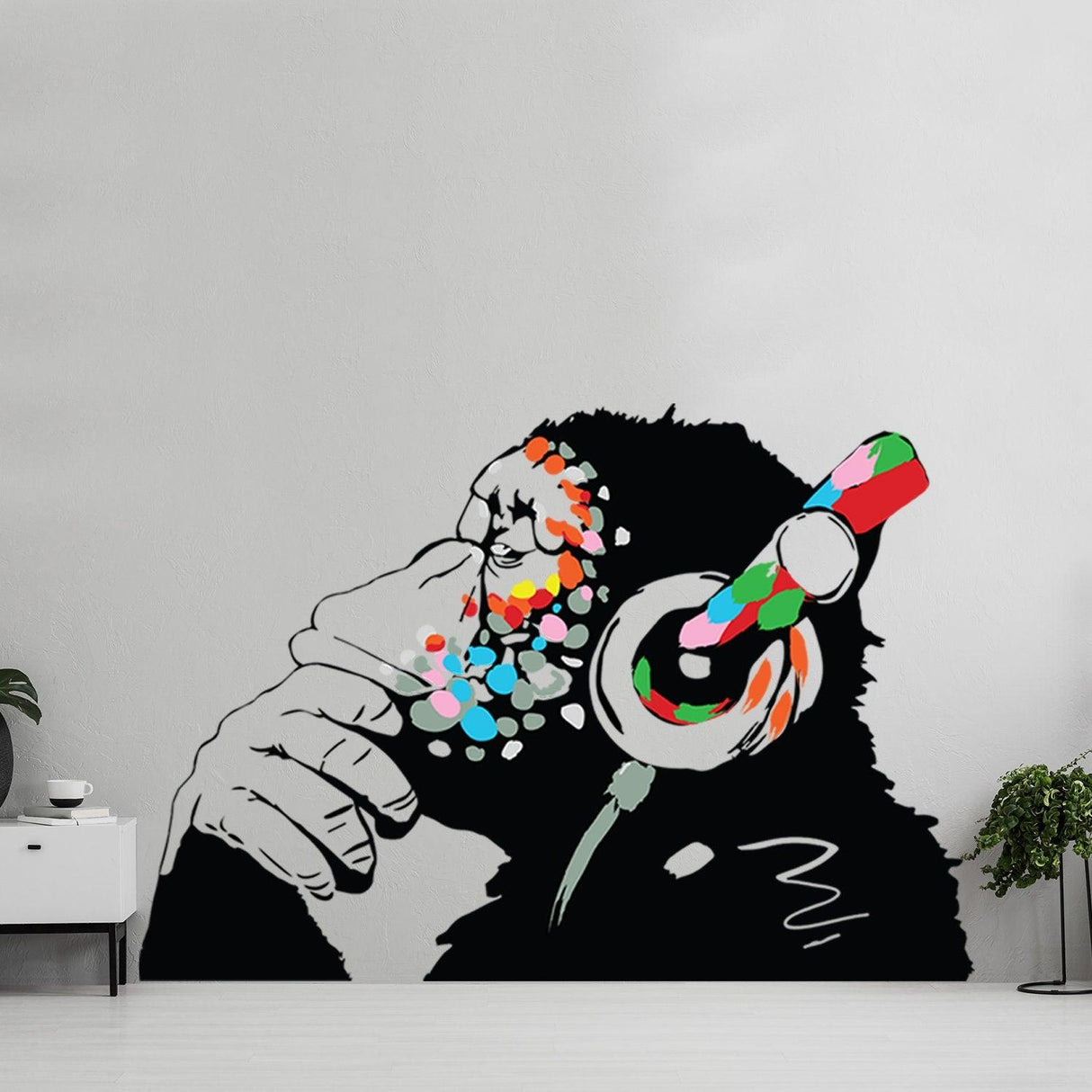 Colorful music-themed wall art sticker of a monkey with headphones, perfect for music lovers.