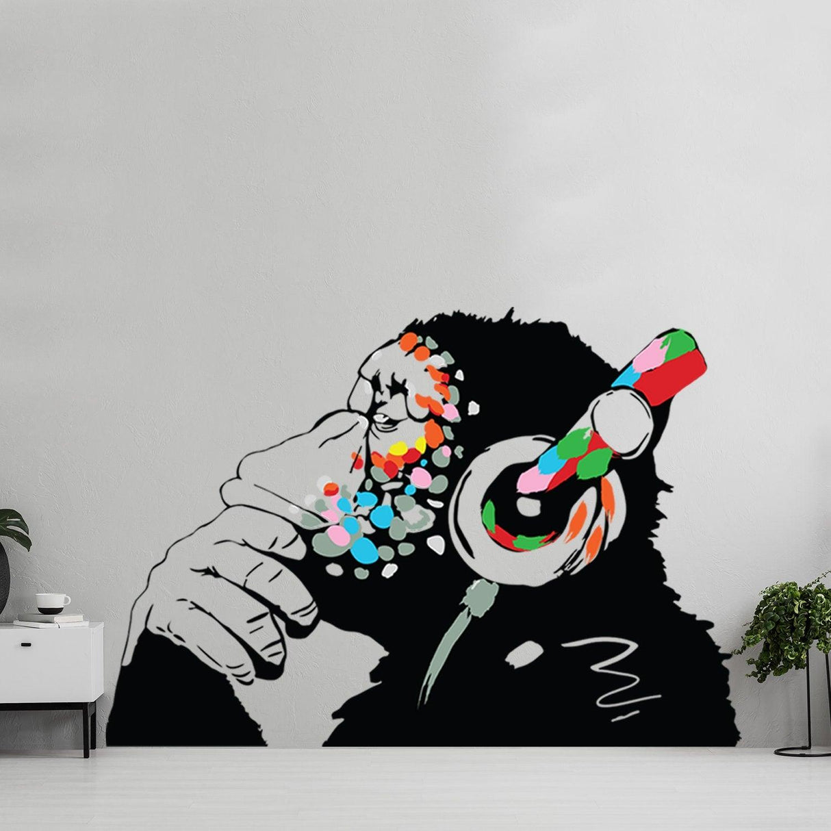 Colorful monkey mural with headphones, adding a modern touch to home decor and artistic ambiance.