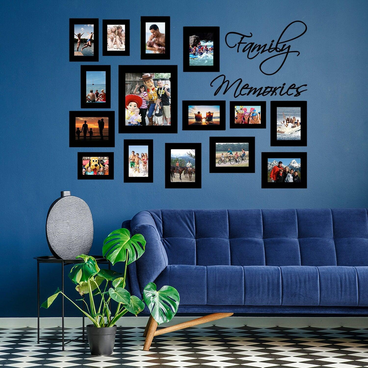 Gallery wall featuring family memories with black picture frame stickers on blue wall above a cozy sofa.