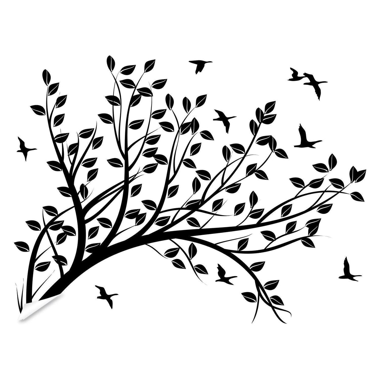 Black vinyl wall decal of a tree branch with leaves and birds, perfect for kids' room decor.