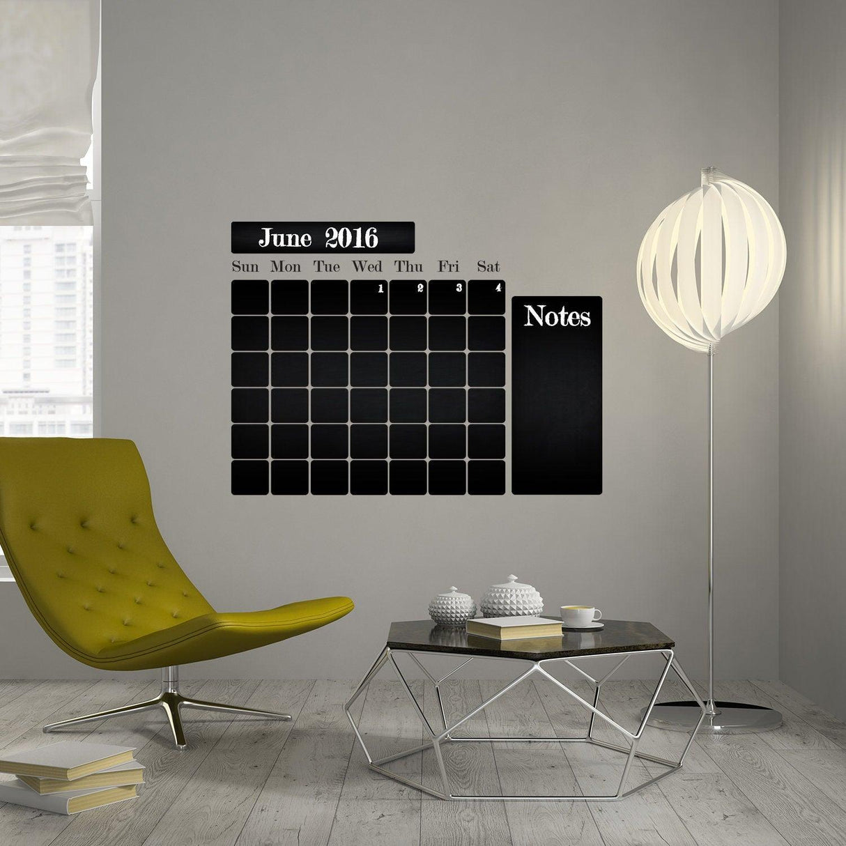 Office calendar chalkboard vinyl sticker on a wall, ideal for organizing tasks and appointments in a modern workspace.