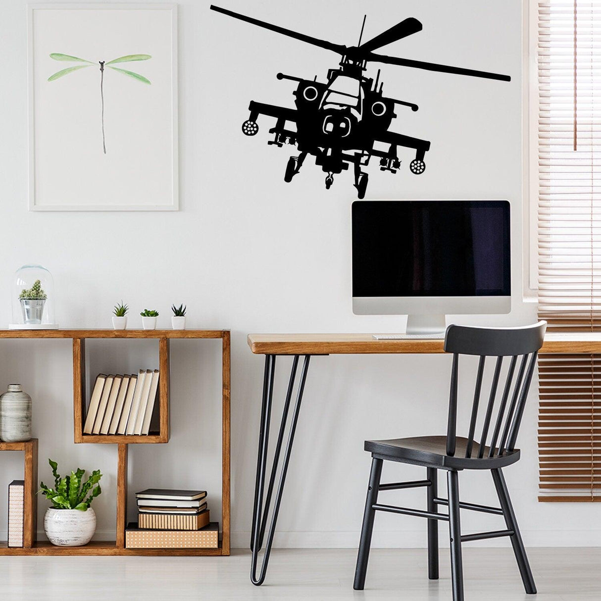 Stylish helicopter wall sticker above a desk, adding an adventurous touch to the modern workspace.