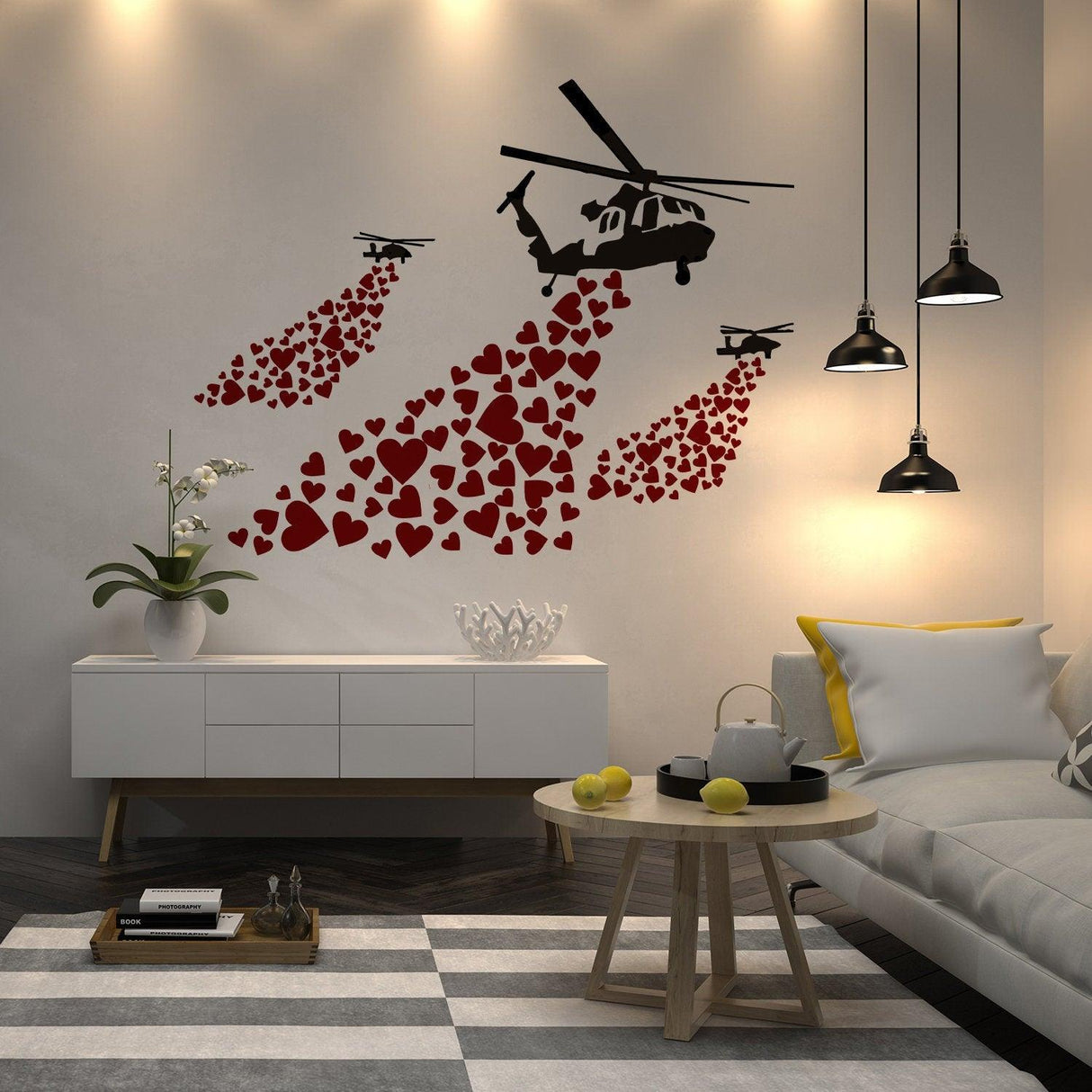 Banksy vinyl wall decal of helicopters dropping hearts, perfect for unique home decor.