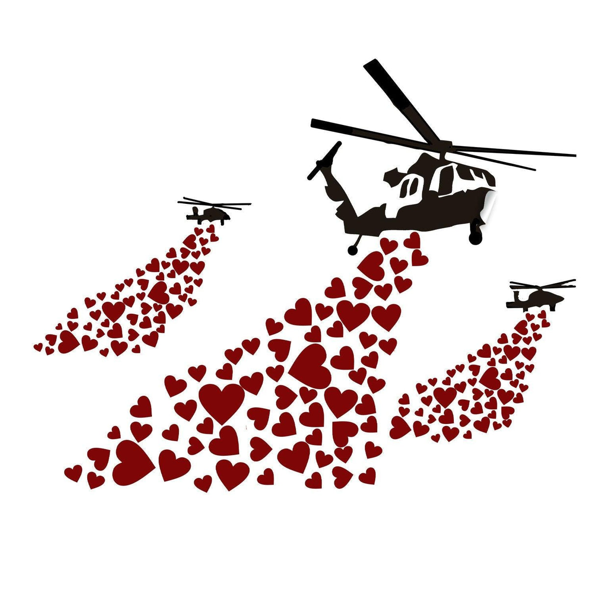 Banksy Vinyl Wall Decal helicopter releasing hearts, unique street art decor for whimsical home styling.