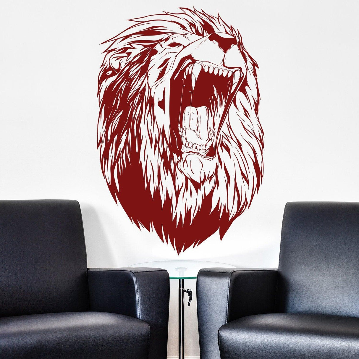 Lion head wall vinyl sticker in red, showcasing a roaring lion's face for bold home decor.
