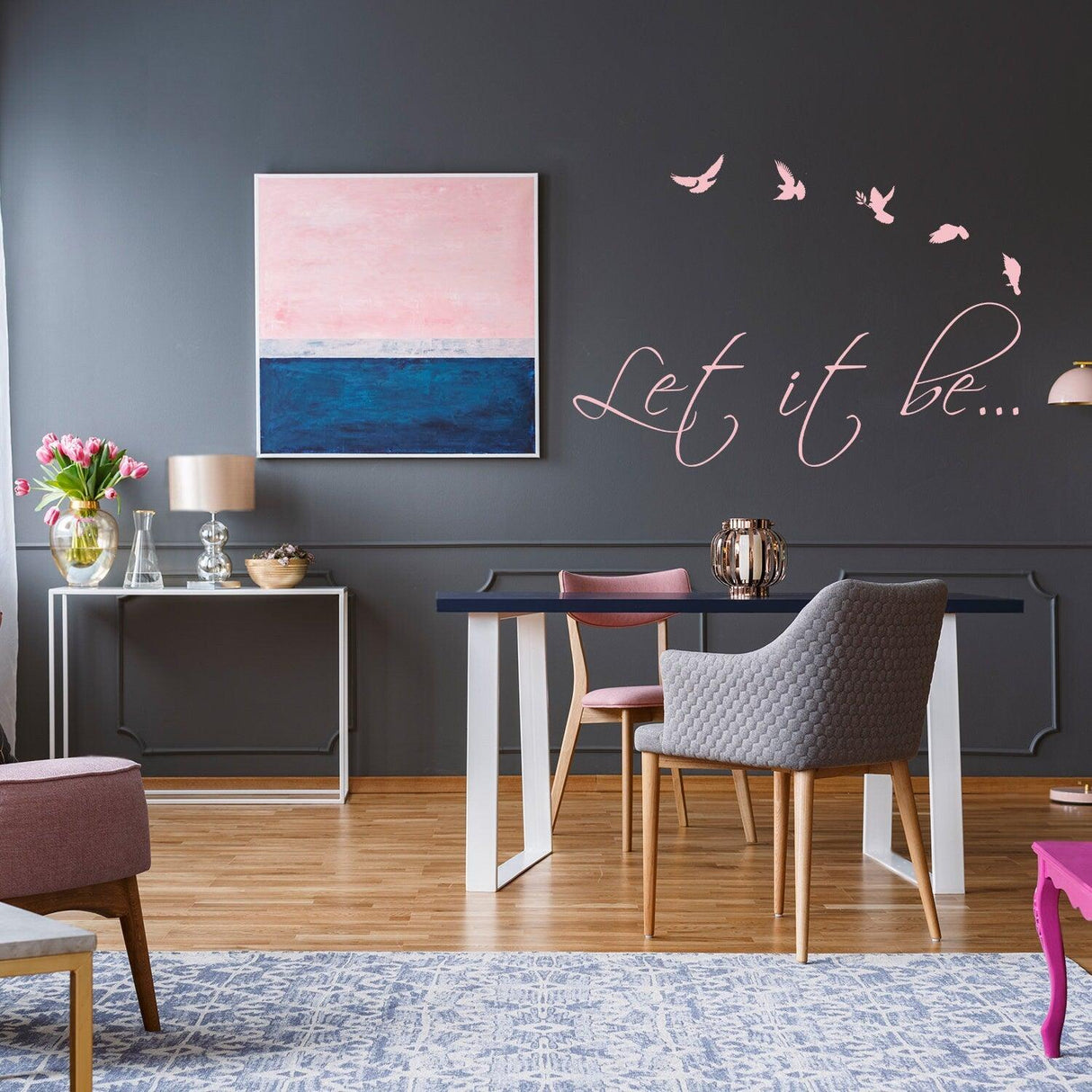 Stylish living room featuring the Let It Be wall sticker with birds, enhancing home decor with positivity.