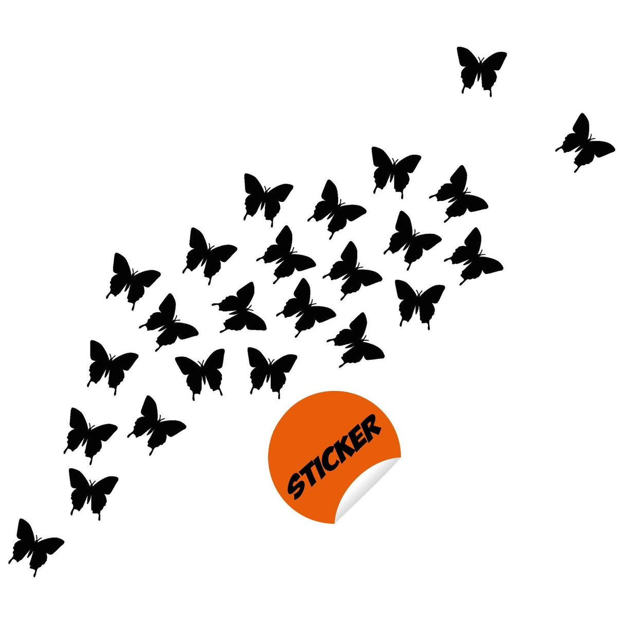 Black butterfly wall stickers set with a circular sticker label for easy application.