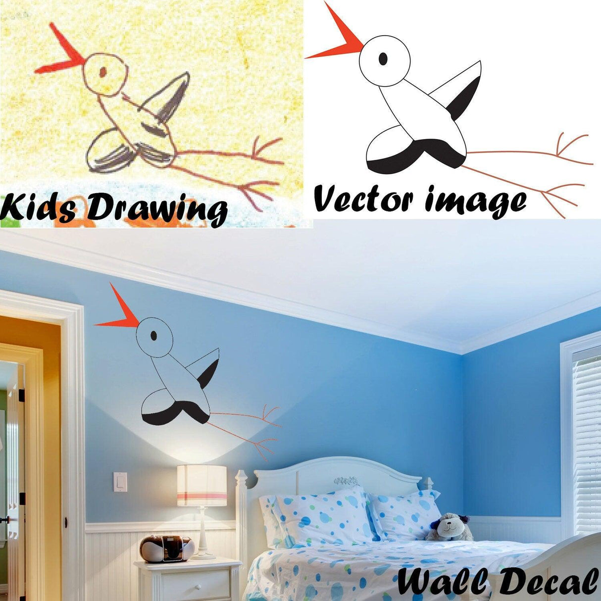 Kids drawing turned into a vibrant vector wall decal, perfect for home decoration.