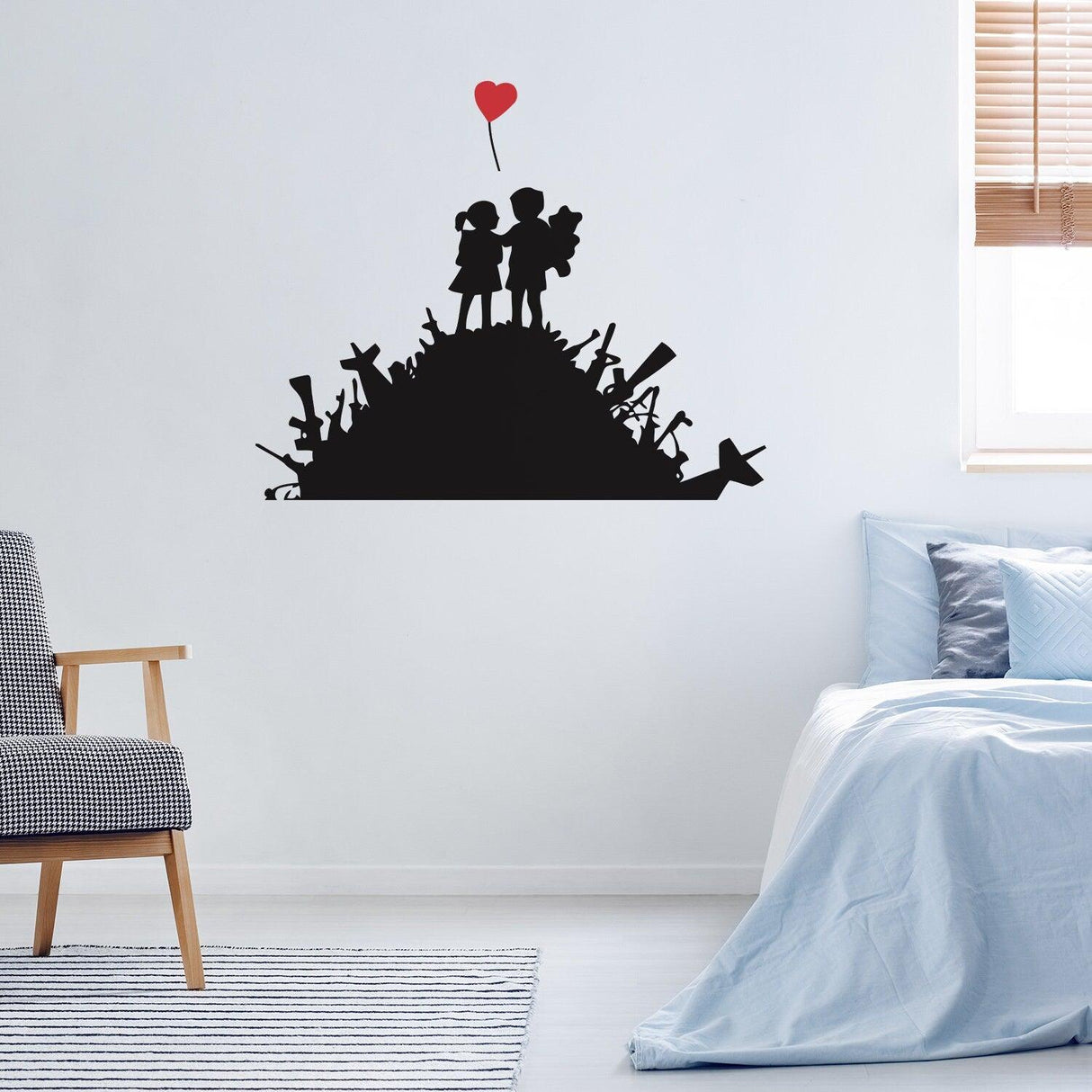 Banksy boy and girl wall sticker with heart balloon in modern room decor.