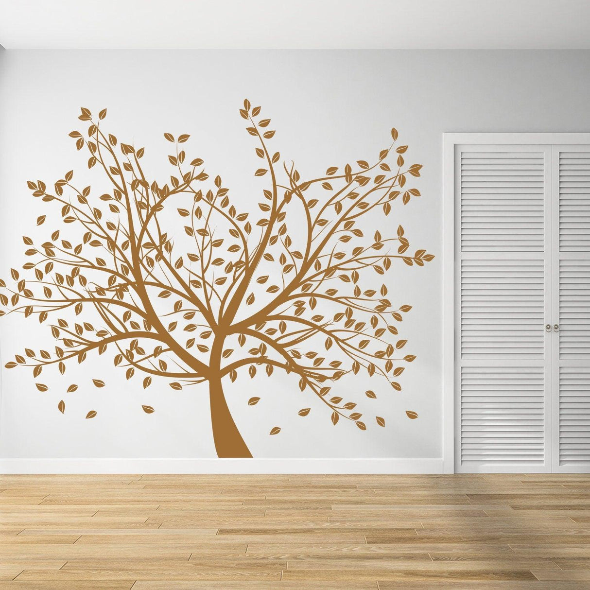 Beautiful birch tree wall sticker decal with leaves, perfect for nursery decor and creating a nature-inspired space.