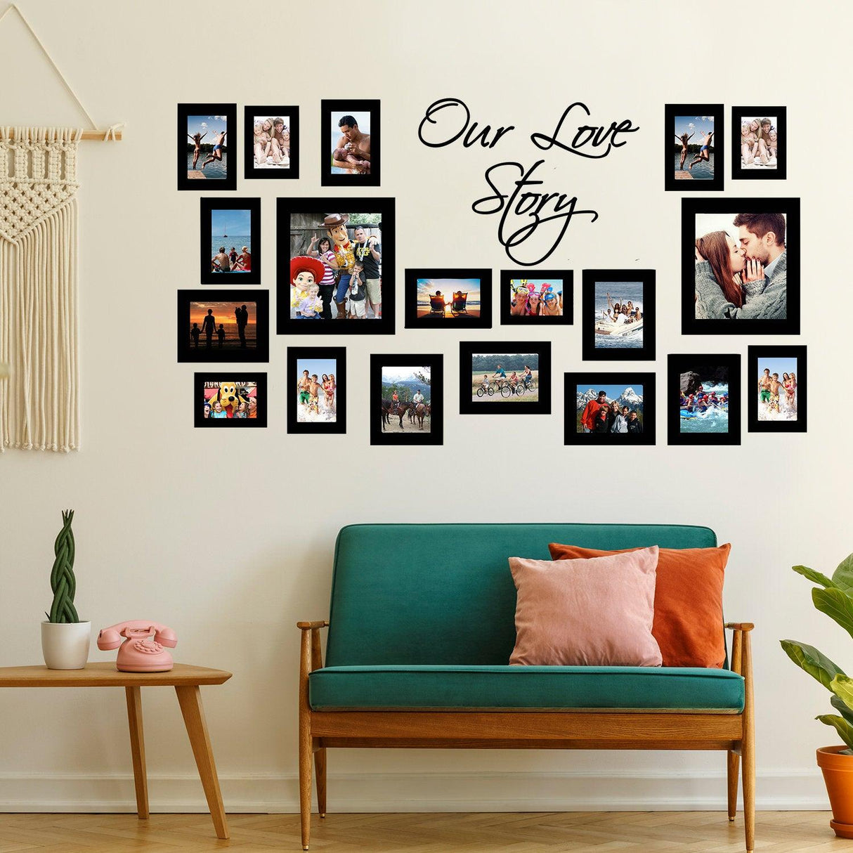 Gallery wall of framed pictures with 'Our Love Story' lettering, showcasing personal memories stylishly arranged.