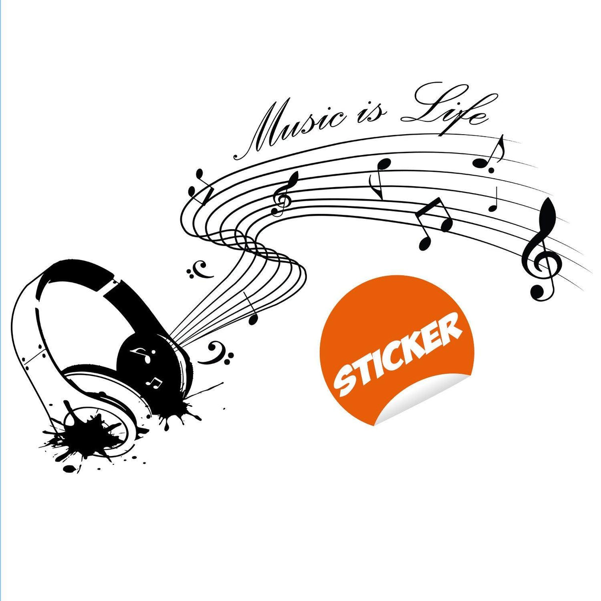 Music Is Life wall sticker design featuring headphones and musical notes, perfect decor for music lovers.
