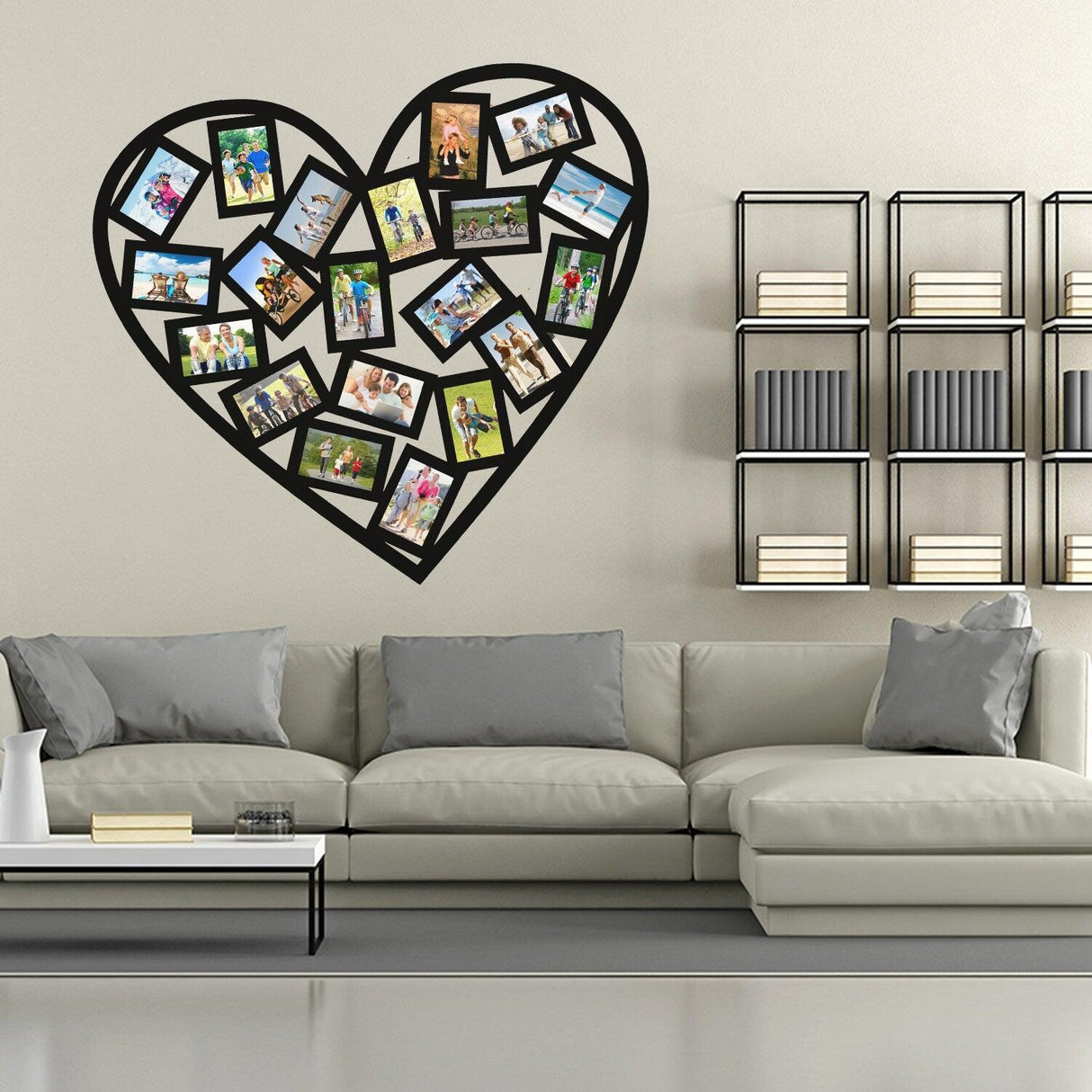 Heart-shaped picture frame wall sticker displaying photos above a modern gray couch in a stylish living room.