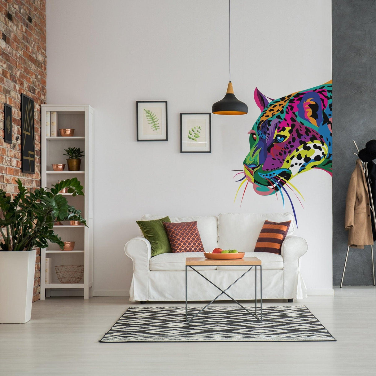 Colorful jaguar wall sticker in modern living room, featuring vibrant colors and sleek design, adding wild elegance.